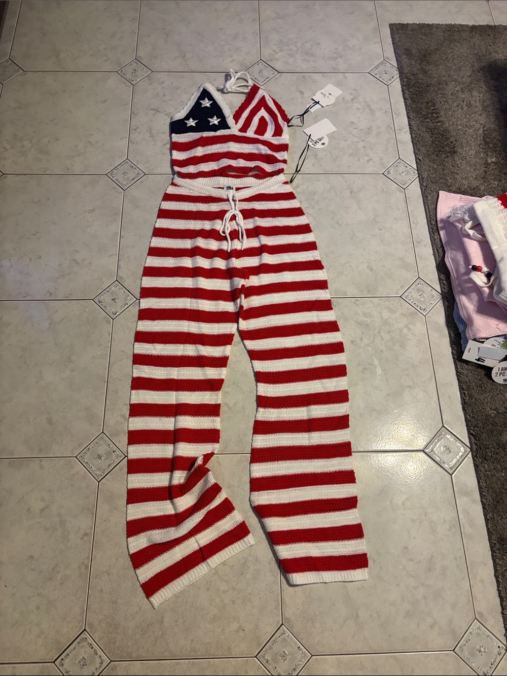 4th of July Women's Red & White Striped Knit Jumpsuit with Star Detail